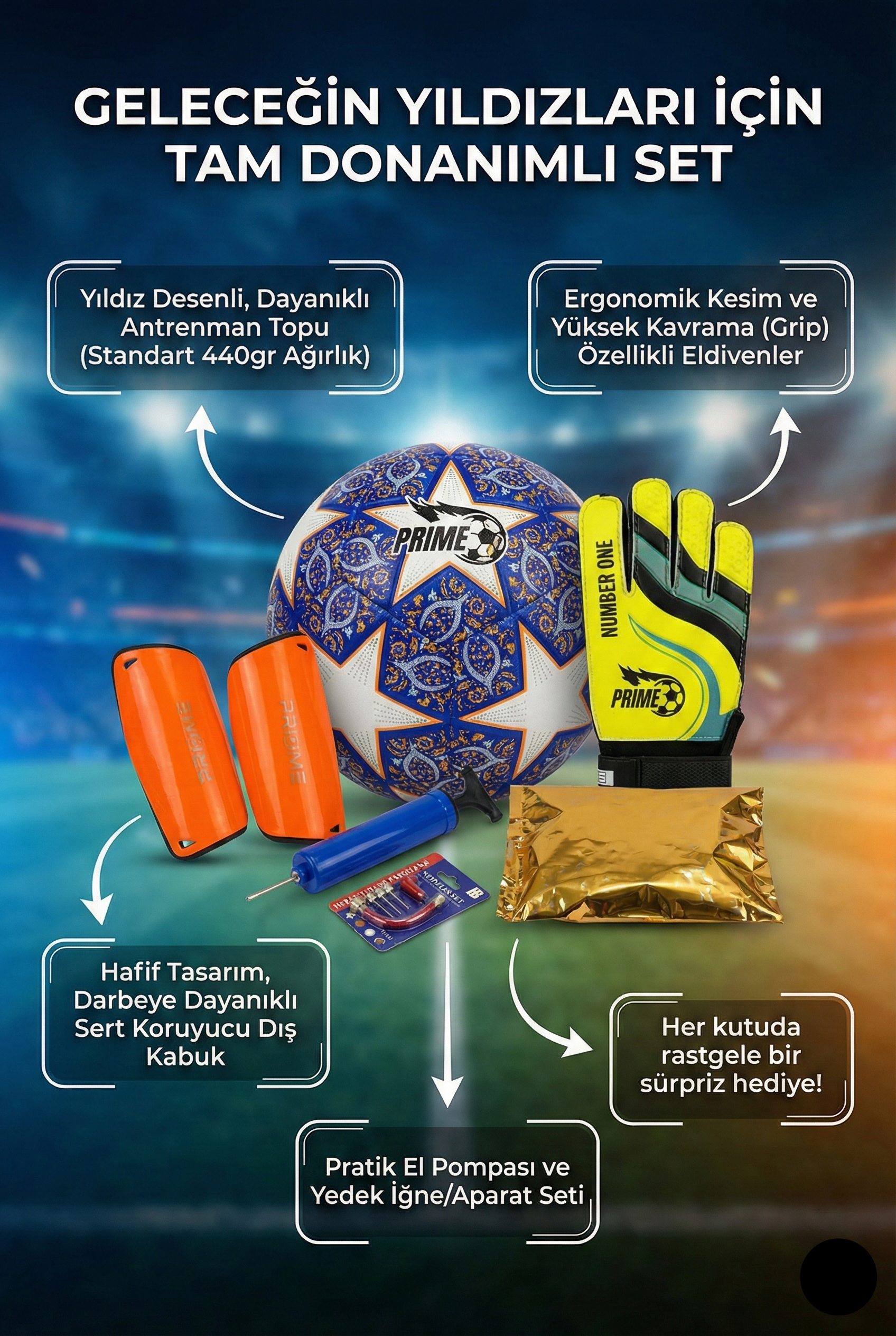 4'lü Futbol Antrenman Seti - Top, Eldiven, Tekmelik, Pompa
